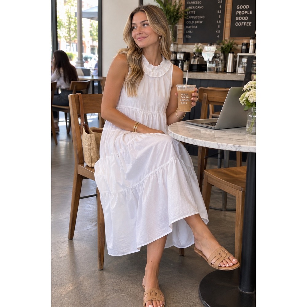LAKE White Cotton Poplin Ruffle Neck Tiered Sleeveless Midi Dress Small